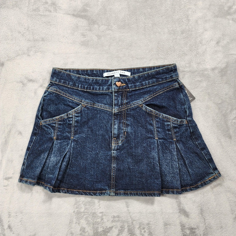 Celebrity Pink Skirt S Juniors Blue Western Dark Wash Pleated Denim Mini Stretch